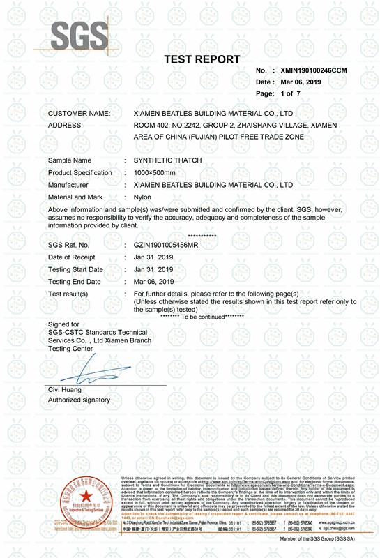 Feuerfestes, feuerfestes Dach aus synthetischem Palmenstroh und UV-Belastungstestbericht gemäß UL 94-2013