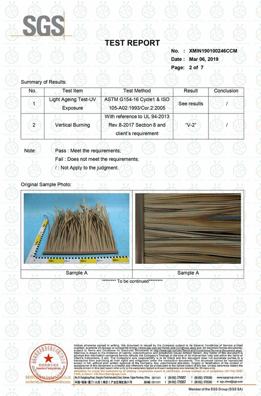 Feuerfestes, feuerfestes Strohdach aus synthetischem Schilf und UV-Belastungstestbericht gemäß UL 94-2013