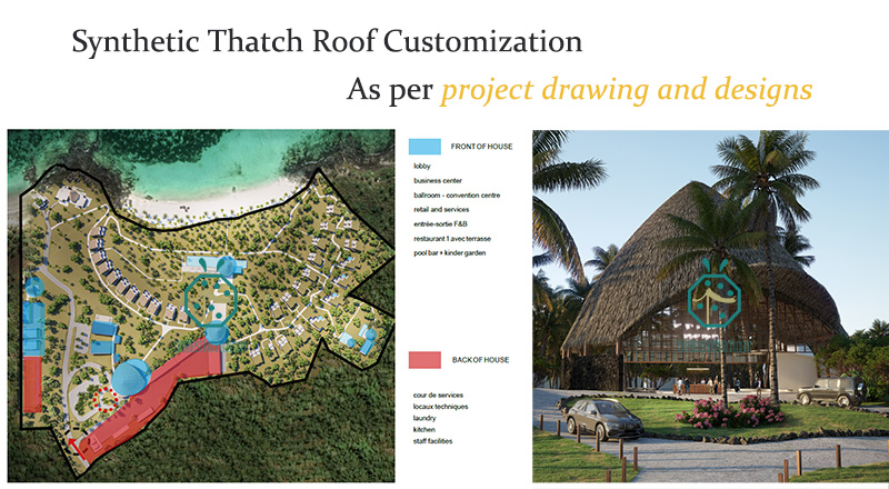 Anpassung des synthetischen Strohdachs gemäß Projektzeichnung und Entwürfen für ein Hideway Retreat Resort-Hotel