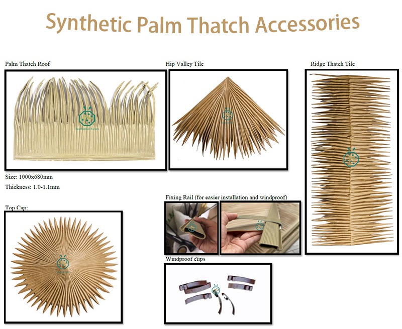 Zubehör für synthetisches Palmstrohdach, bestehend aus Firstziegeln, Gratziegeln, Befestigungsschienen und winddichten Clips